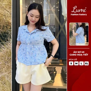 LUMI - Áo sơ mi caro xanh hoạ tiết nơ tay ngắn cổ bẻ dáng babydoll nữ tính mặc đi học, đi chơi
