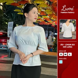 LUMI - Áo kiểu nữ tay lỡ chun eo hở lưng vải cotton gân sọc xanh phong cách trẻ trung thanh lịch