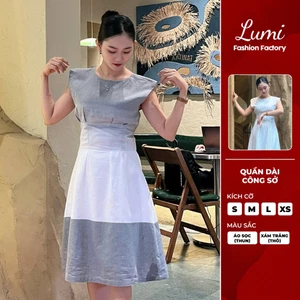 LUMI - Đầm công sở nữ dáng xòe cổ thuyền, trắng sọc thun mềm co giãn/ xám thô cotton đi làm, đi chơi