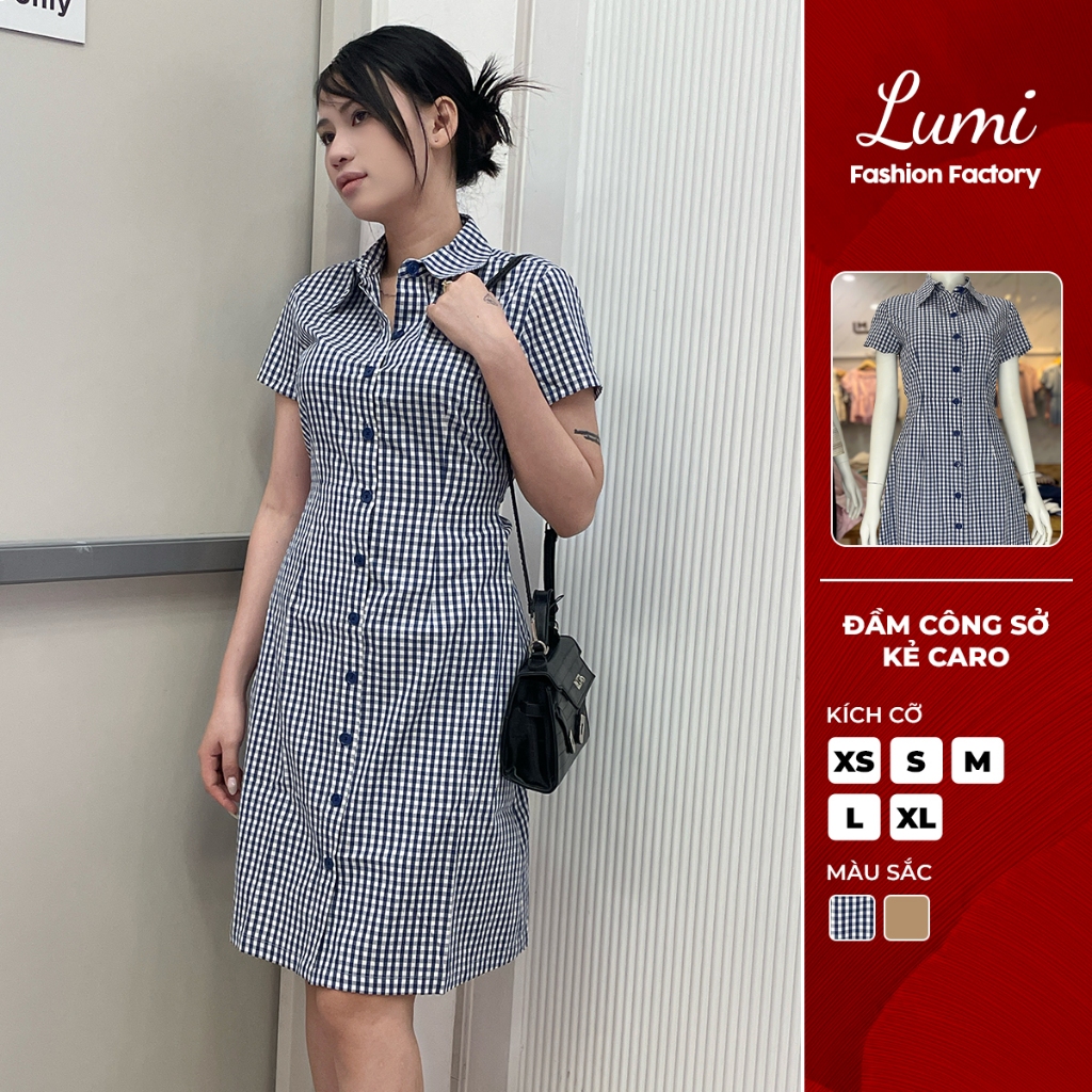 LUMI - Đầm công sở nữ kẻ caro dáng chữ A suông dài qua gối có chun lưng chiết eo tôn dáng, trẻ trung