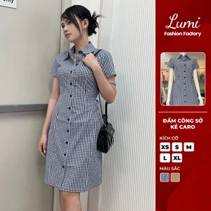 LUMI - Đầm công sở nữ kẻ caro dáng chữ A suông dài qua gối có chun lưng chiết eo tôn dáng, trẻ trung