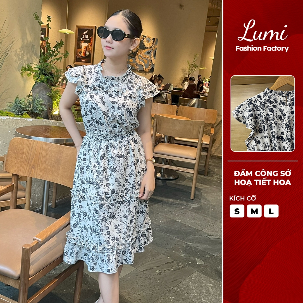 LUMI - Đầm công sở hoạ tiết hoa cổ tròn dáng xoè vải mango lạnh không nhăn, mặc đi làm dạo phố