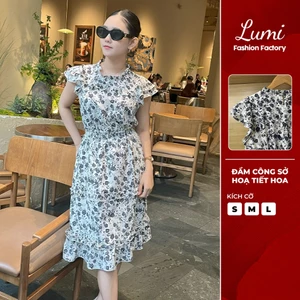 LUMI - Đầm công sở hoạ tiết hoa cổ tròn dáng xoè vải mango lạnh không nhăn, mặc đi làm dạo phố