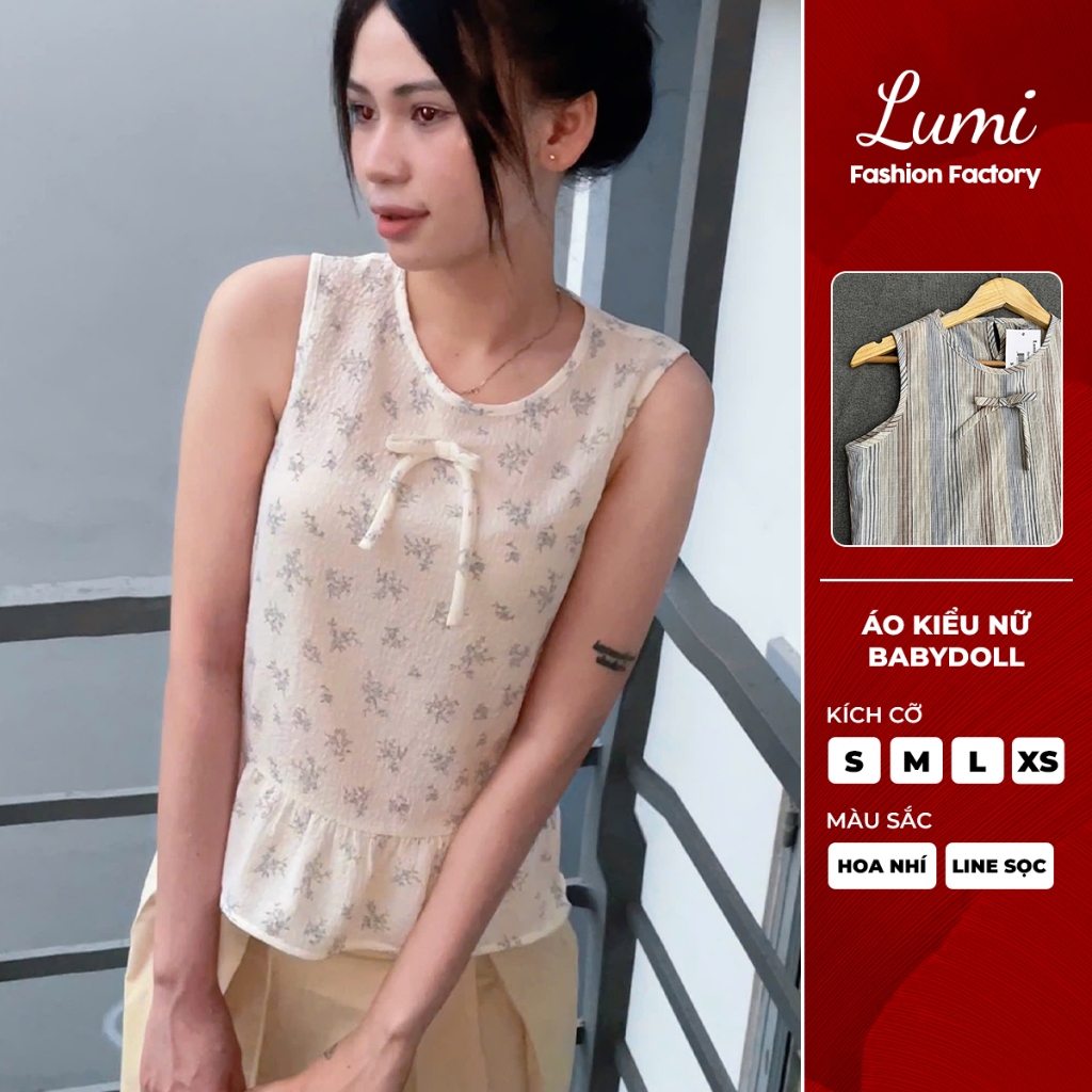 LUMI - Áo kiểu nữ babydoll sát nách cổ tròn vải cotton thô họa tiết kẻ sọc thích hợp đi chơi, đi học