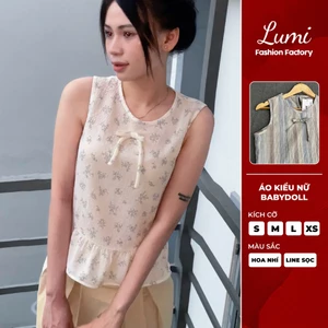 LUMI - Áo kiểu nữ babydoll sát nách cổ tròn vải cotton thô họa tiết kẻ sọc thích hợp đi chơi, đi học