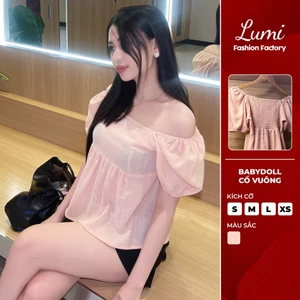LUMI - Áo kiểu nữ babydoll cổ vuông tay bồng ngắn chất đũi cotton thô phong cách Hàn Quốc trẻ trung
