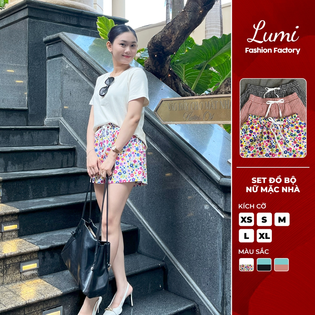 LUMI - Set đồ bộ nữ mặc nhà mùa hè, áo thun cotton phối quần đùi vải co giãn thoải mái thoáng mát