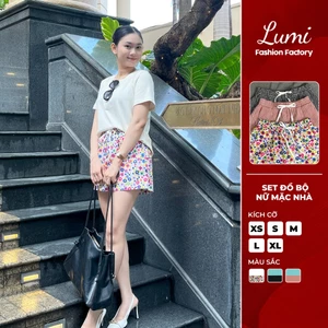 LUMI - Set đồ bộ nữ mặc nhà mùa hè, áo thun cotton phối quần đùi vải co giãn thoải mái thoáng mát