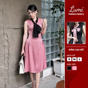LUMI – Đầm lụa nữ thiết kế dáng xòe phối nơ hồng sang chảnh, phù hợp đi tiệc, đi chơi
