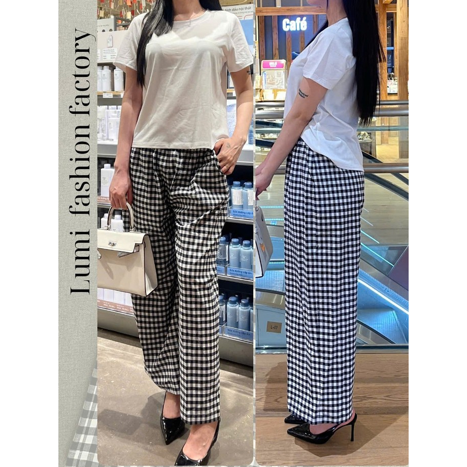 LUMI - Set áo thun trắng phối quần dài caro đen vải cotton thời trang basic nữ (Có bán lẻ Áo & Quần)