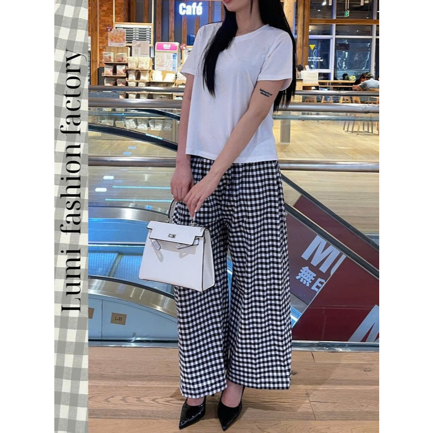 LUMI - Set áo thun trắng phối quần dài caro đen vải cotton thời trang basic nữ (Có bán lẻ Áo & Quần)
