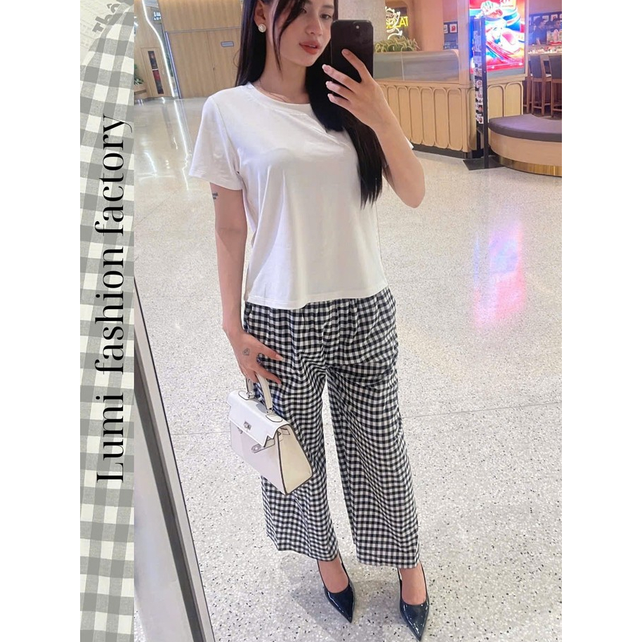 LUMI - Set áo thun trắng phối quần dài caro đen vải cotton thời trang basic nữ (Có bán lẻ Áo & Quần)