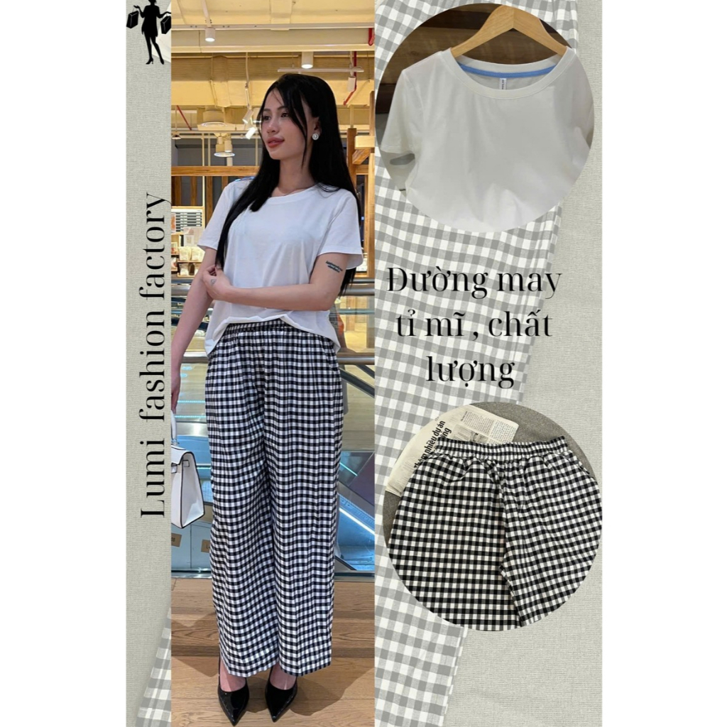 LUMI - Set áo thun trắng phối quần dài caro đen vải cotton thời trang basic nữ (Có bán lẻ Áo & Quần)