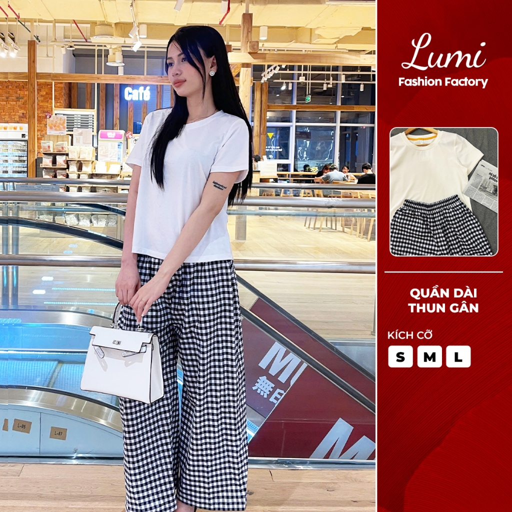 LUMI - Set áo thun trắng phối quần dài caro đen vải cotton thời trang basic nữ (Có bán lẻ Áo & Quần)