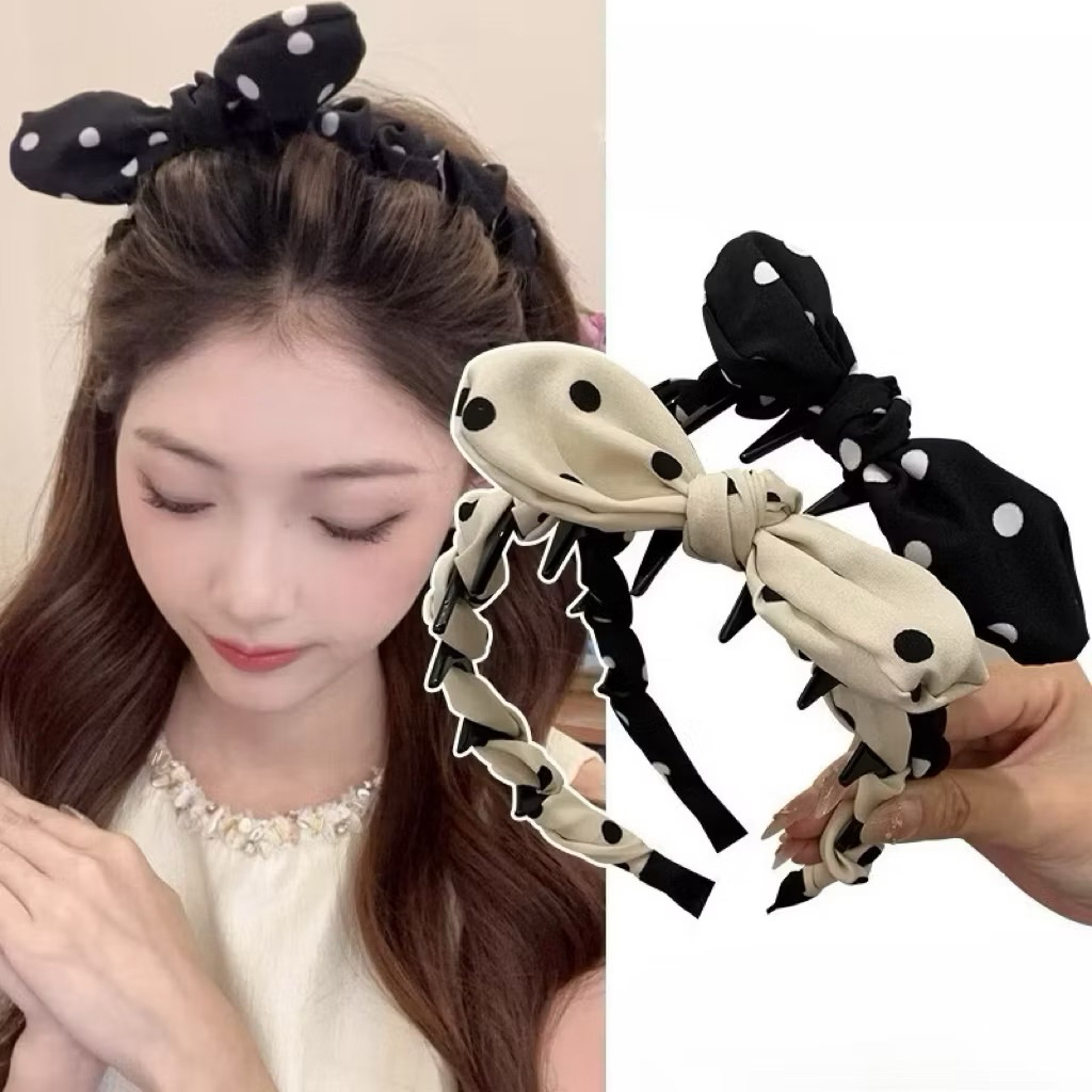bờm cài tóc vải bóng chấm bi nơ dễ thương, băng đô tạo phồng tóc thiết kế tiểu thư