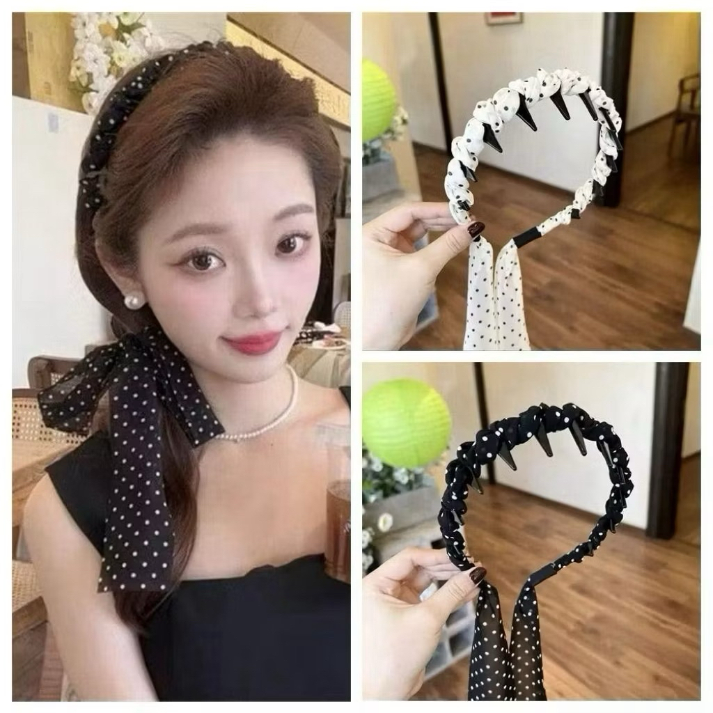 bờm cài tóc vải bóng chấm bi nơ dễ thương, băng đô tạo phồng tóc thiết kế tiểu thư