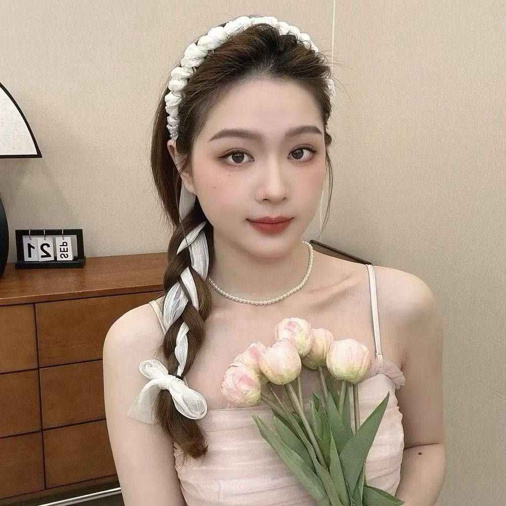 bờm cài tóc vải bóng chấm bi nơ dễ thương, băng đô tạo phồng tóc thiết kế tiểu thư