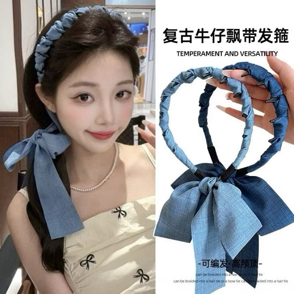 bờm cài tóc vải bóng chấm bi nơ dễ thương, băng đô tạo phồng tóc thiết kế tiểu thư