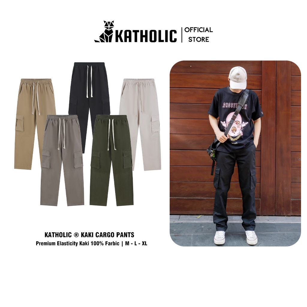 Quần Cargo Pants Nam Nữ Túi Hộp Ống Suông Rộng Chất Liệu Kaki Co Giãn Bốn Màu Đen, Nâu, Essen, Trắng Kem KAT016