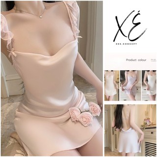 Váy ngủ lụa (V59) -Váy lụa hở lưng tay bèo đệm nhẹ