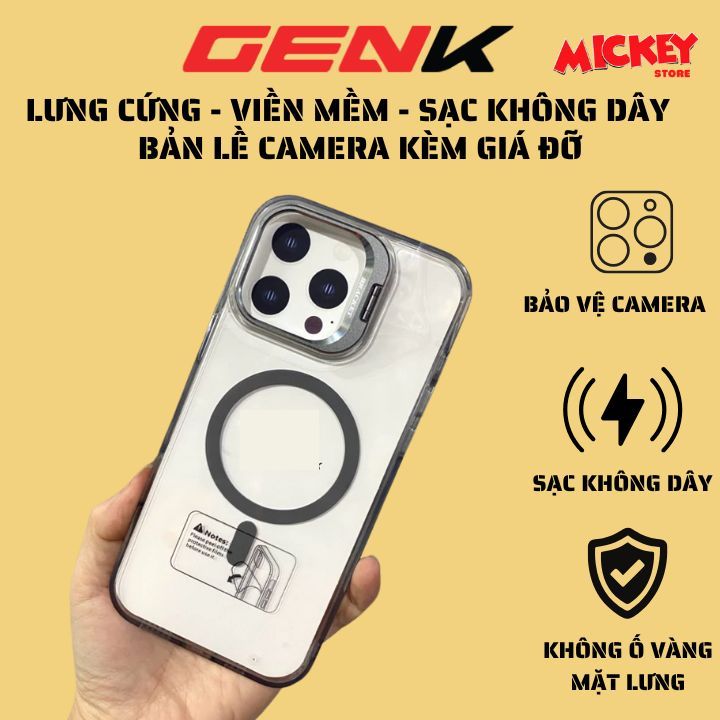 Ốp GenK hỗ trợ sạc không dây – Khung thép bảo vệ camera kèm giá đỡ iPhone 11 12 13 14 15 16 17Promax