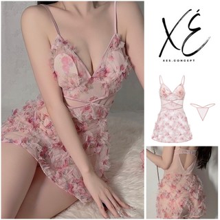 Váy ngủ lụa ( V56) - Váy ngủ hoa hồng nổi kiểu có đệm tai thỏ