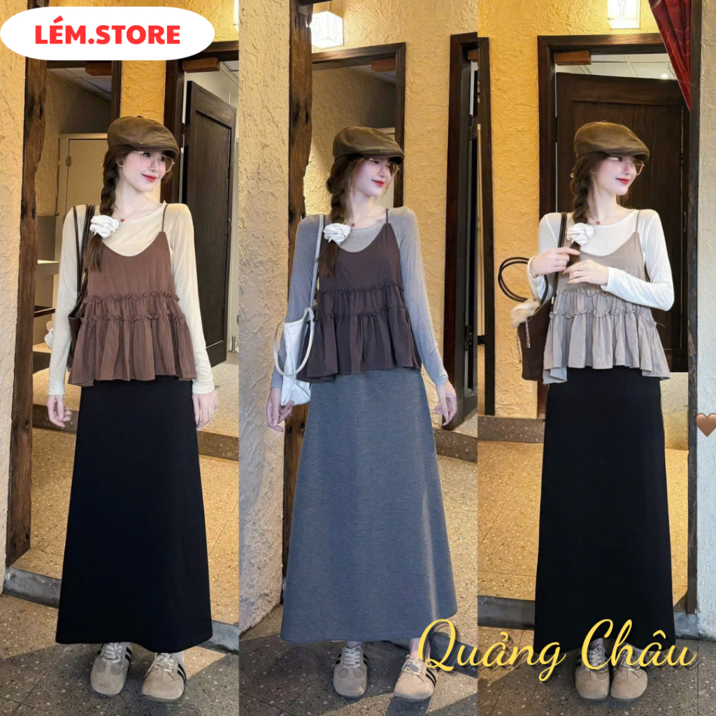 Set Yếm 2 Dây Gió Hàn Bèo Tầng Kèm Áo Thun Giấy Lém.store Thời Trang Nữ