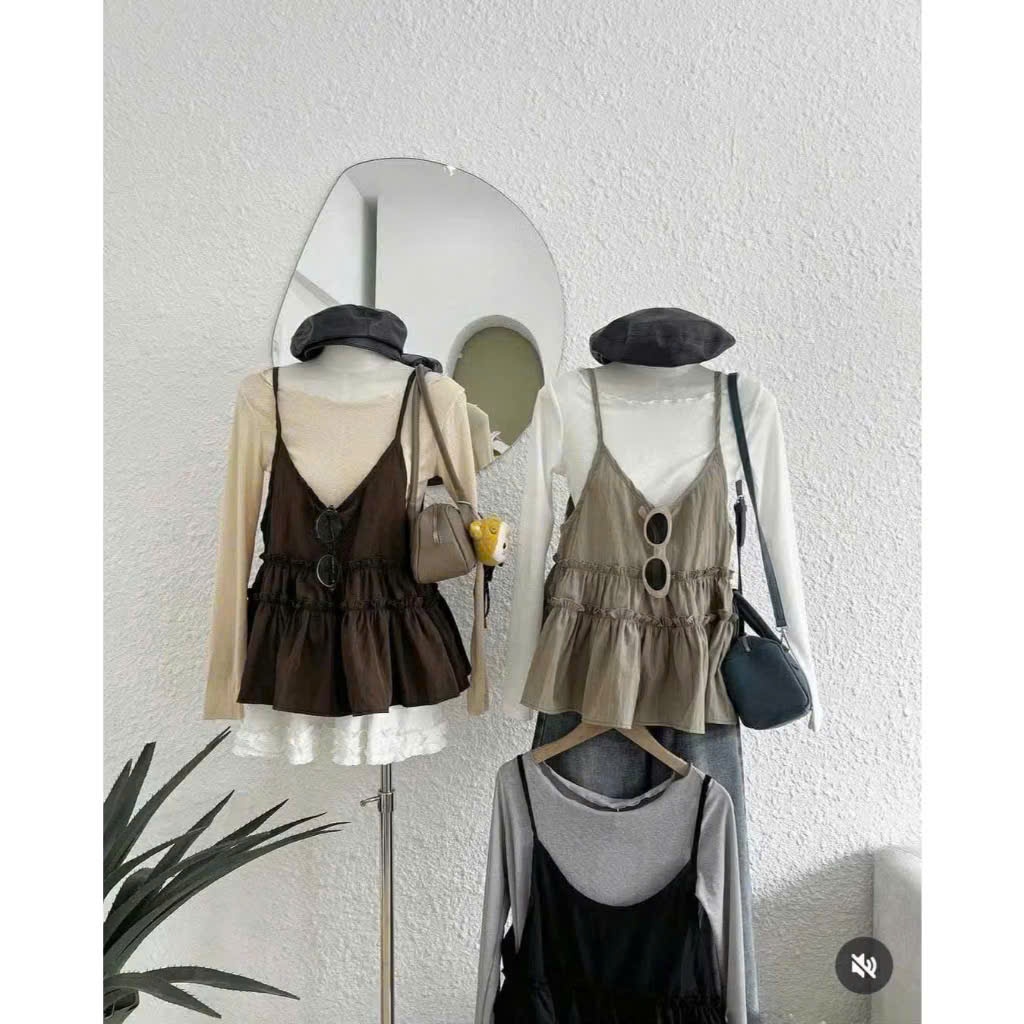 Set Yếm 2 Dây Gió Hàn Bèo Tầng Kèm Áo Thun Giấy Lém.store Thời Trang Nữ