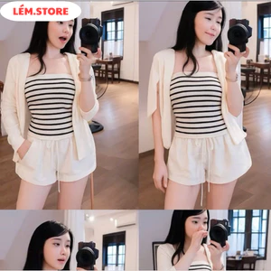 Set Len Quây Sọc ôm Kèm Khoác Cadigan Thun Trơn Lém.Store
