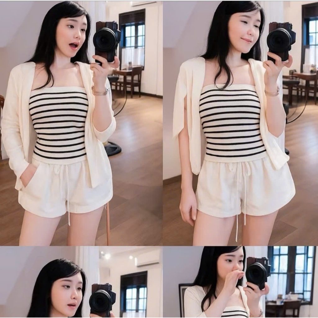 (Sẵn Hỏa Tốc) Set Len Quây Sọc ôm  Kèm Khoác Cadigan Thun Trơn Lém.Store