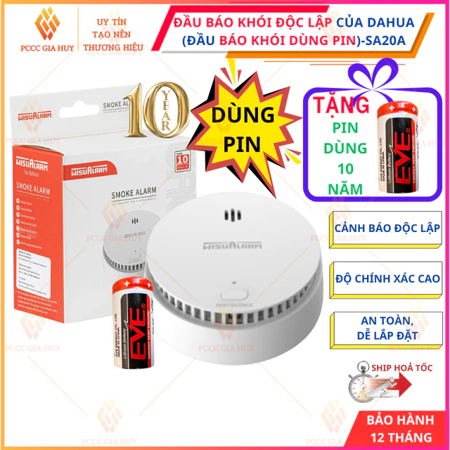 Đầu báo khói Dùng Pin độc lập không dây của DAHUA SA20A-báo khói độc lập- Tuổi Thọ Pin 7-10 năm