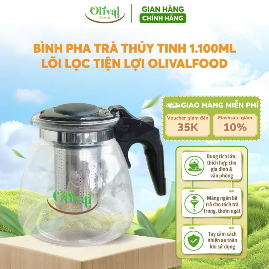 Bình trà bằng thuỷ tinh 1100ml - có lõi lọc inox tiện lợi - Olivalfood