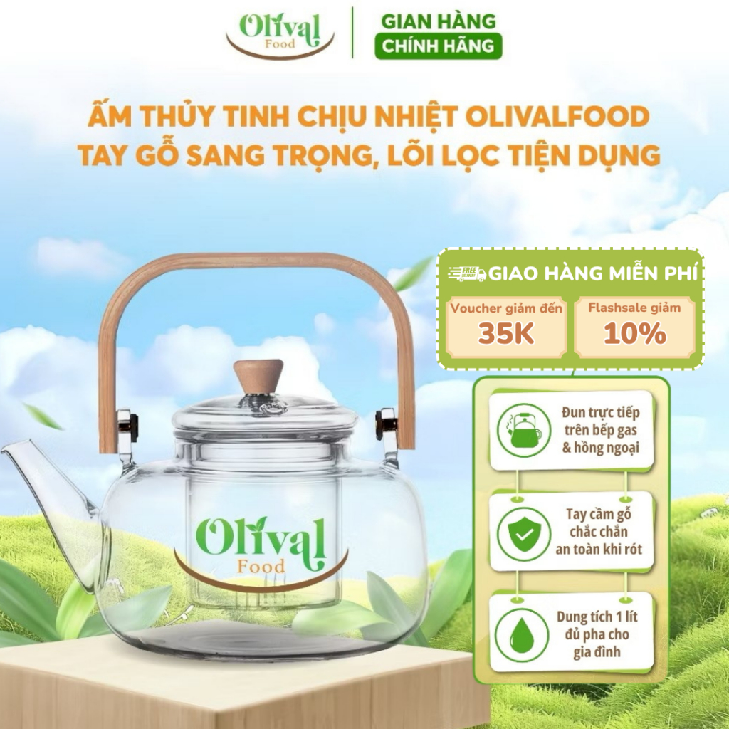 Bộ bình trà bằng thủy tinh - Tay quay bằng gỗ cao cấp, có Lõi Lọc Đun Trực Tiếp Trên Bếp Gas - Bếp Hồng Ngoại 1000ml