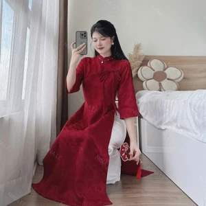 set áo dài cách tân tay lỡ sang trọng, áo dài gấm tapta thắt nơ + quần tuyết nhung ống rộng diện tết, chụp hình