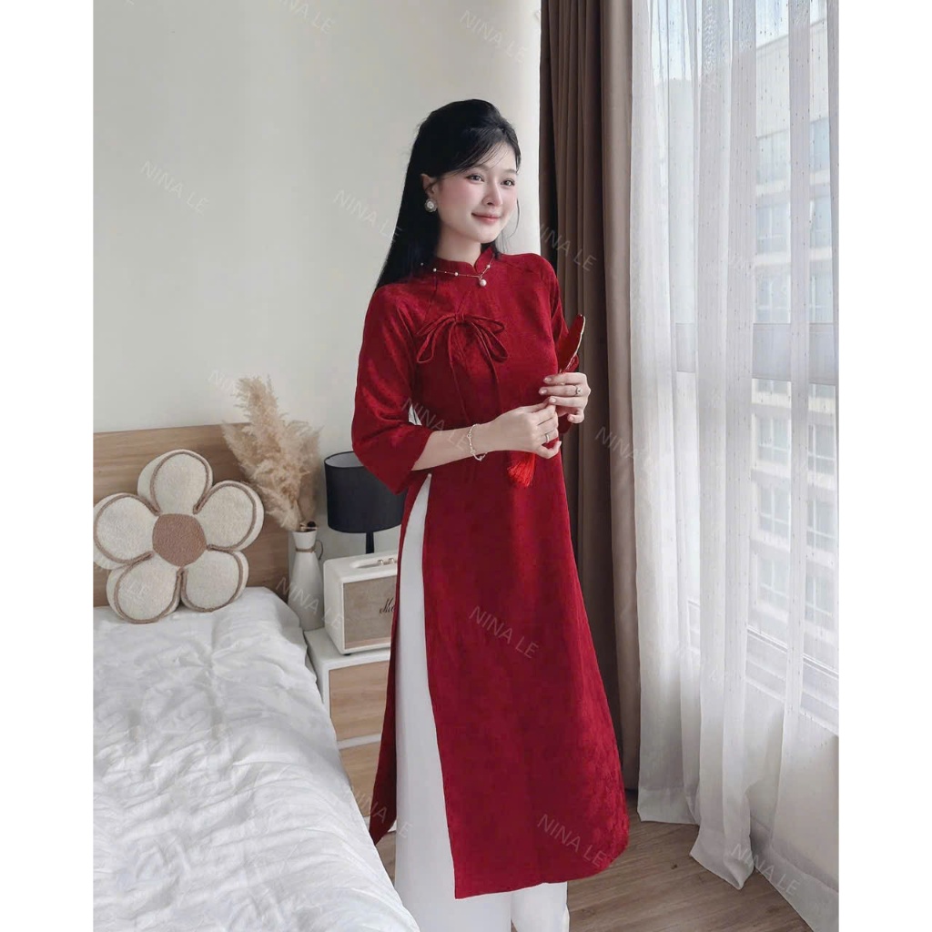 set áo dài cách tân tay lỡ sang trọng, áo dài gấm tapta thắt nơ + quần tuyết nhung ống rộng diện tết, chụp hình