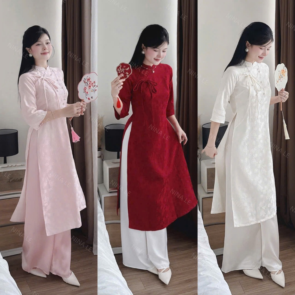 set áo dài cách tân tay lỡ sang trọng, áo dài gấm tapta thắt nơ + quần tuyết nhung ống rộng diện tết, chụp hình