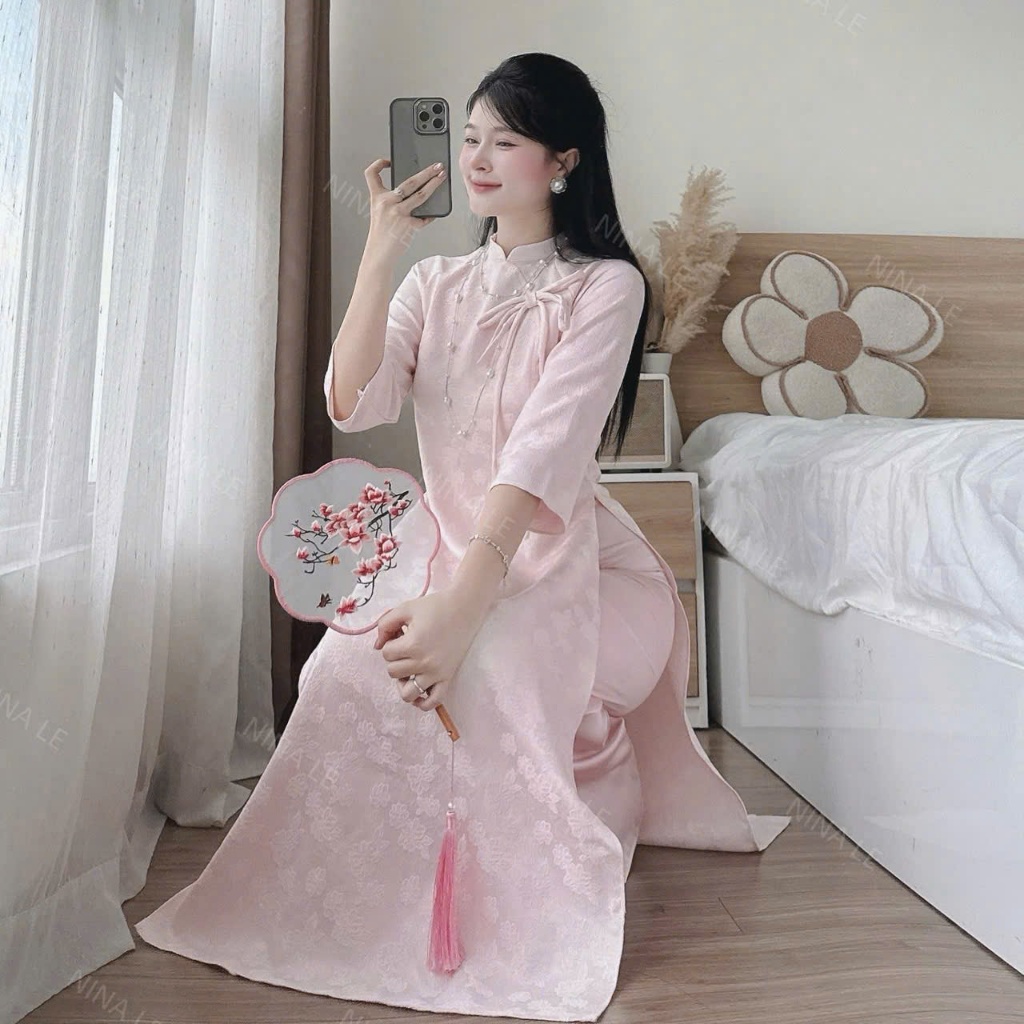 set áo dài cách tân tay lỡ sang trọng, áo dài gấm tapta thắt nơ + quần tuyết nhung ống rộng diện tết, chụp hình