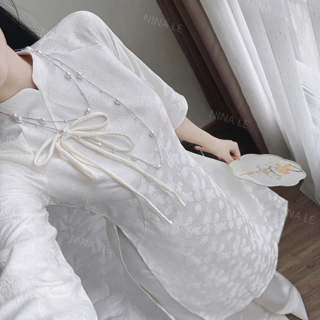 set áo dài cách tân tay lỡ sang trọng, áo dài gấm tapta thắt nơ + quần tuyết nhung ống rộng diện tết, chụp hình