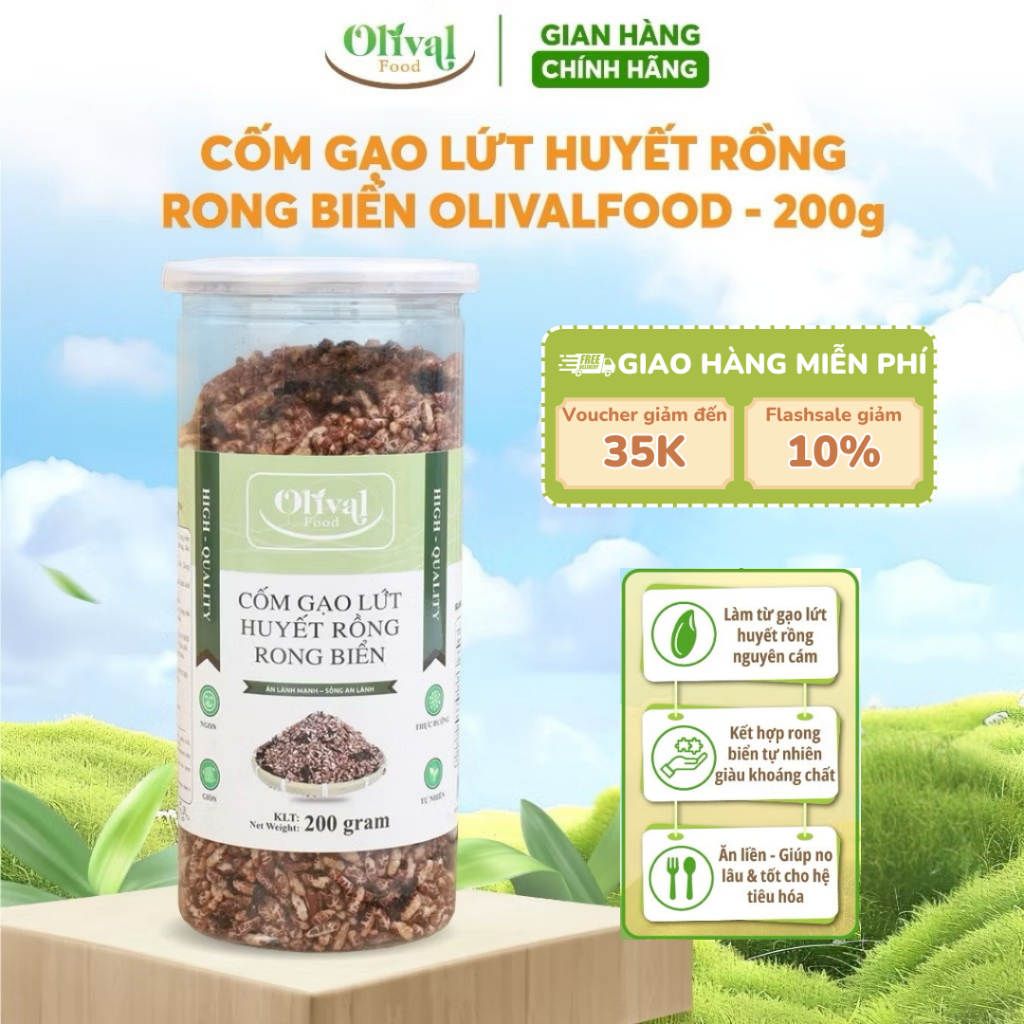 Cốm gạo lứt huyết rồng rong biển Olivalfood 200gr - Thơm ngon bắt vị, chay mặn đều dùng được