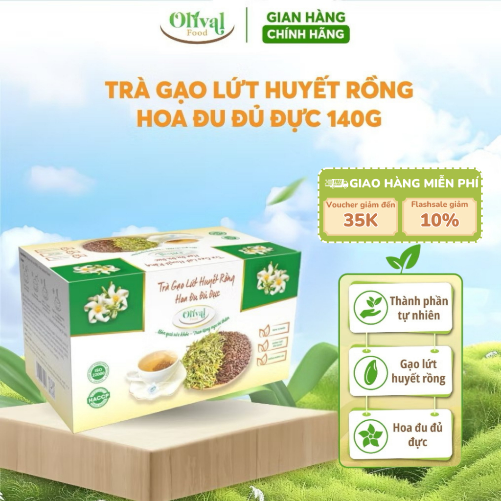 Trà Gạo Lứt Huyết Rồng Hoa Đu Đủ Đực túi lọc-Thải độc gan, giảm ho, giảm mỡ máu, ngủ ngon-OlivalFood