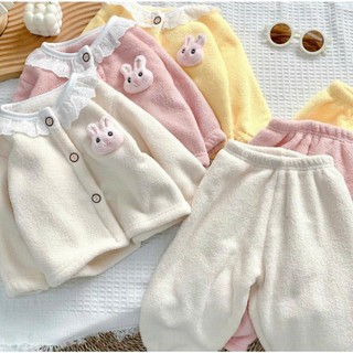 Bộ ngủ bé gái dài tay thu đông hoạt tiết thỏ nổi hot hit_Bộ cho bé gái chất nỉ bông mềm 8-30kg