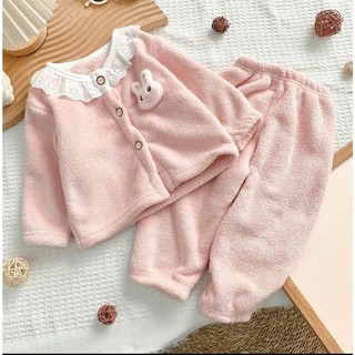 Bộ ngủ bé gái dài tay thu đông hoạt tiết thỏ nổi hot hit_Bộ cho bé gái chất nỉ bông mềm 8-30kg
