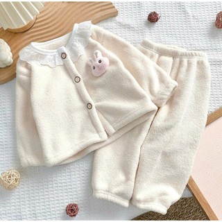 Bộ ngủ bé gái dài tay thu đông hoạt tiết thỏ nổi hot hit_Bộ cho bé gái chất nỉ bông mềm 8-30kg