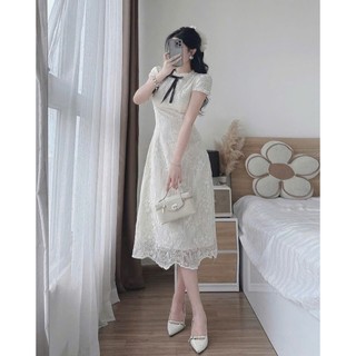 Đầm Maxi thời trang nữ phong cách nàng thơ chất ren tay cộc cổ cườm đính nơ xinh váy dáng dài kèm lót lụa tinh tế