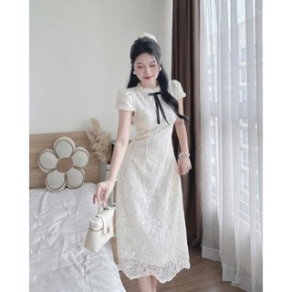Đầm Maxi thời trang nữ phong cách nàng thơ chất ren tay cộc cổ cườm đính nơ xinh váy dáng dài kèm lót lụa tinh tế