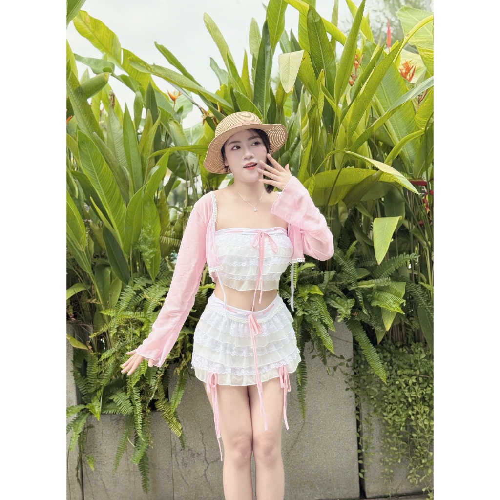 [BKN 1027 ] Bikini Set 3 chi tiết đi biển REN BÈO TIỂU THƯ kèm áo khoác xinh xắn cho Nữ HAN.T SHOP