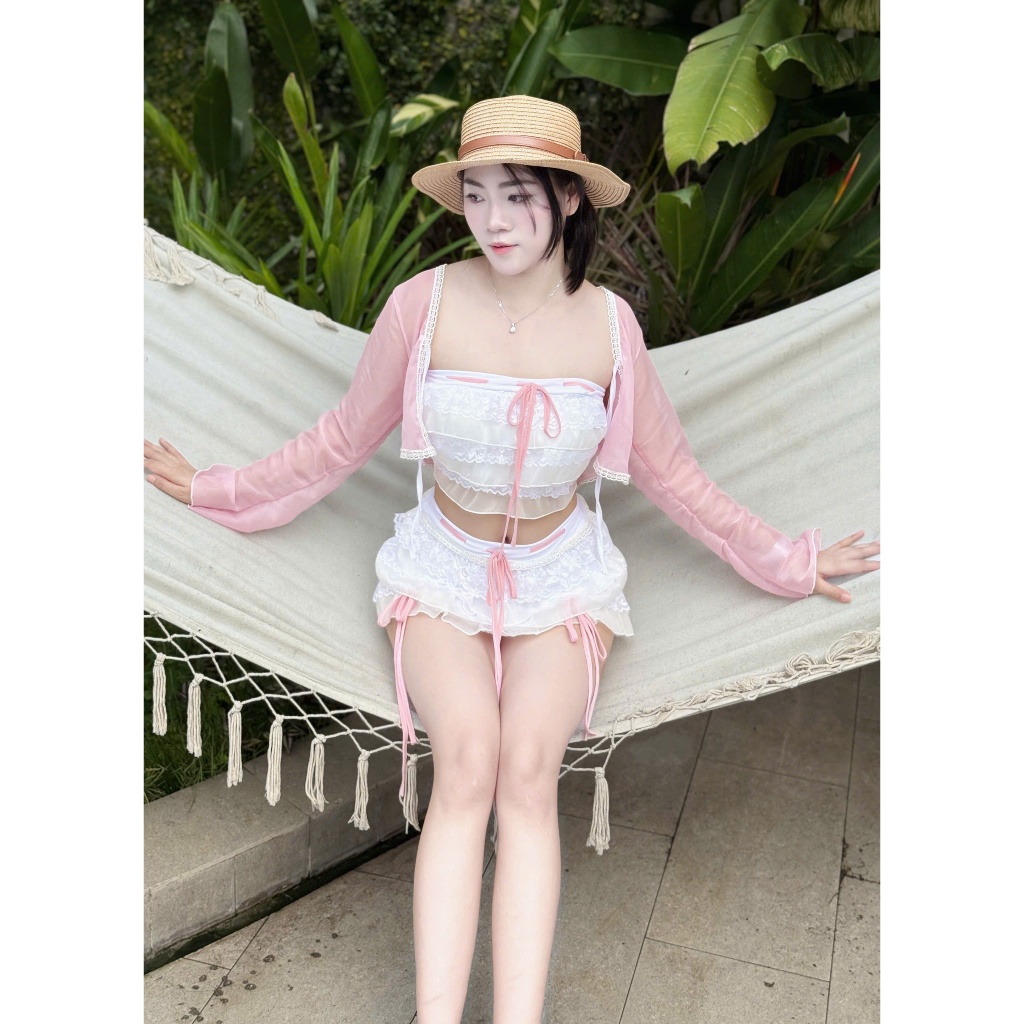 [BKN 1027 ] Bikini Set 3 chi tiết đi biển REN BÈO TIỂU THƯ kèm áo khoác xinh xắn cho Nữ HAN.T SHOP
