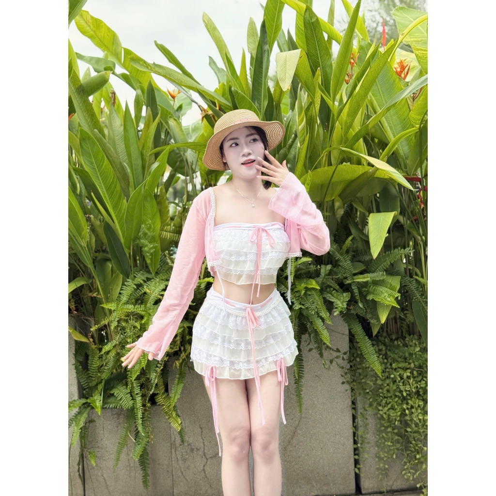 [BKN 1027 ] Bikini Set 3 chi tiết đi biển REN BÈO TIỂU THƯ kèm áo khoác xinh xắn cho Nữ HAN.T SHOP