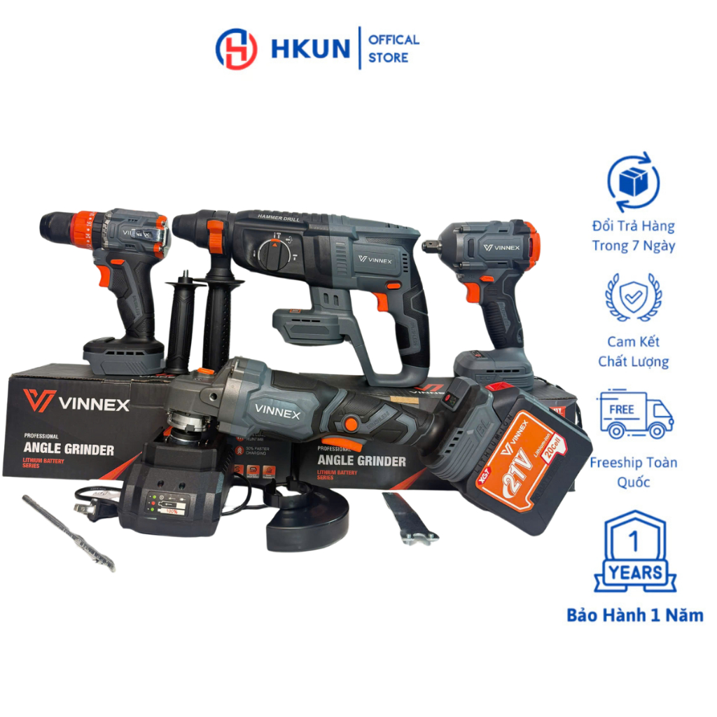 Bộ Combo VINNEX Mài, KHoan, Siết Và Khoan Bê Tông VINNEX 1Pin 20cell Sạc - Động Cơ Không Chổi Than Lõi Đồng