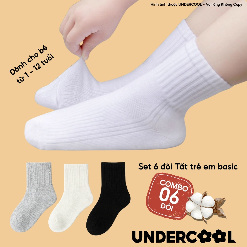 Combo 6 đôi Tất Trẻ Em Basic UNDERCOOL Chất Cotton co giãn, Thoáng Khí, Chống Tụt | Dành Cho Bé 1-12 Tuổi TC116